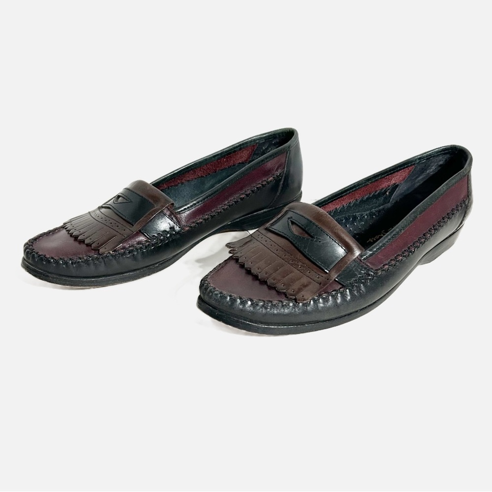 Vintage Mister Shoes Black / Brown Two Toned Leather Loafers with Fringed Front